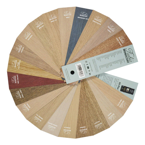 Color swatch wheel with various wood tones and a visible brand label.