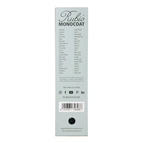 Rubio Monocoat product label with color swatches on a white background