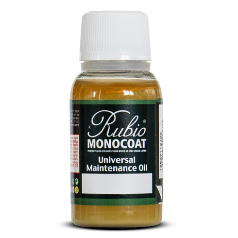 Bottle of 20 ml Rubio Monocoat Universal Maintenance Oil on a white background