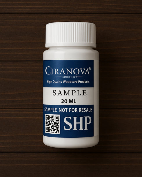 Ciranova wood care product sample bottle on a wooden background