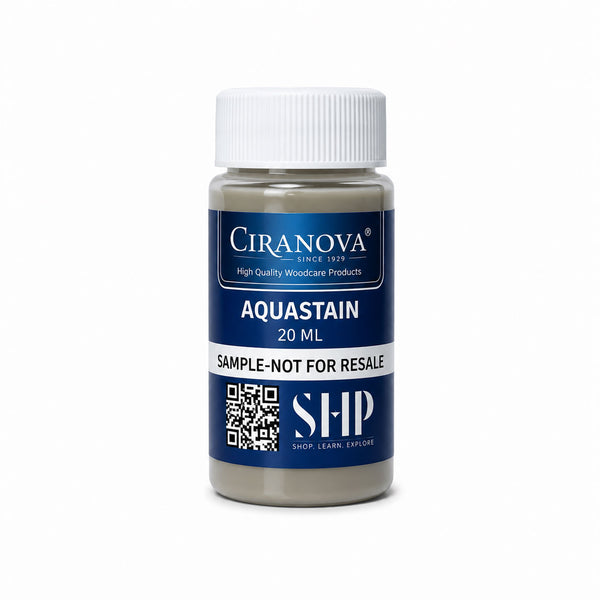 A 20 mL sample bottle of Ciranova Aquastain wood stain, 50% TDS, in a grayish-brown shade. The bottle has a white ribbed cap and a dark blue label with white text, set against a plain white background.