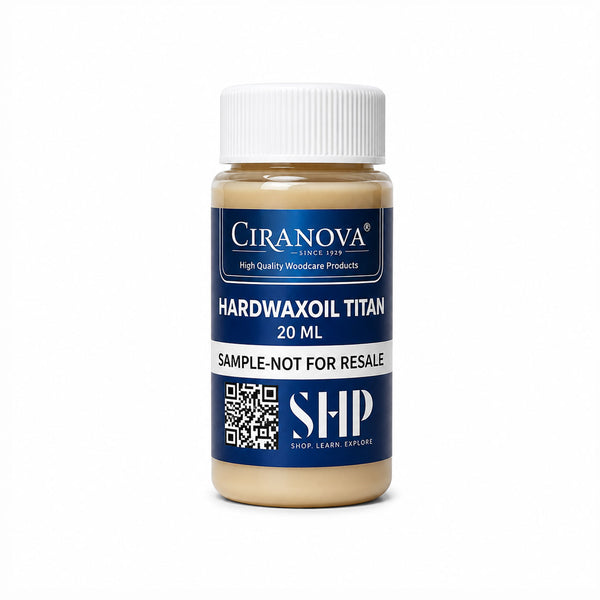 A 20 mL bottle of Ciranova Hardwaxoil Titan wood finish, featuring a white ribbed cap and a navy blue and white label with a QR code, on a solid white background.