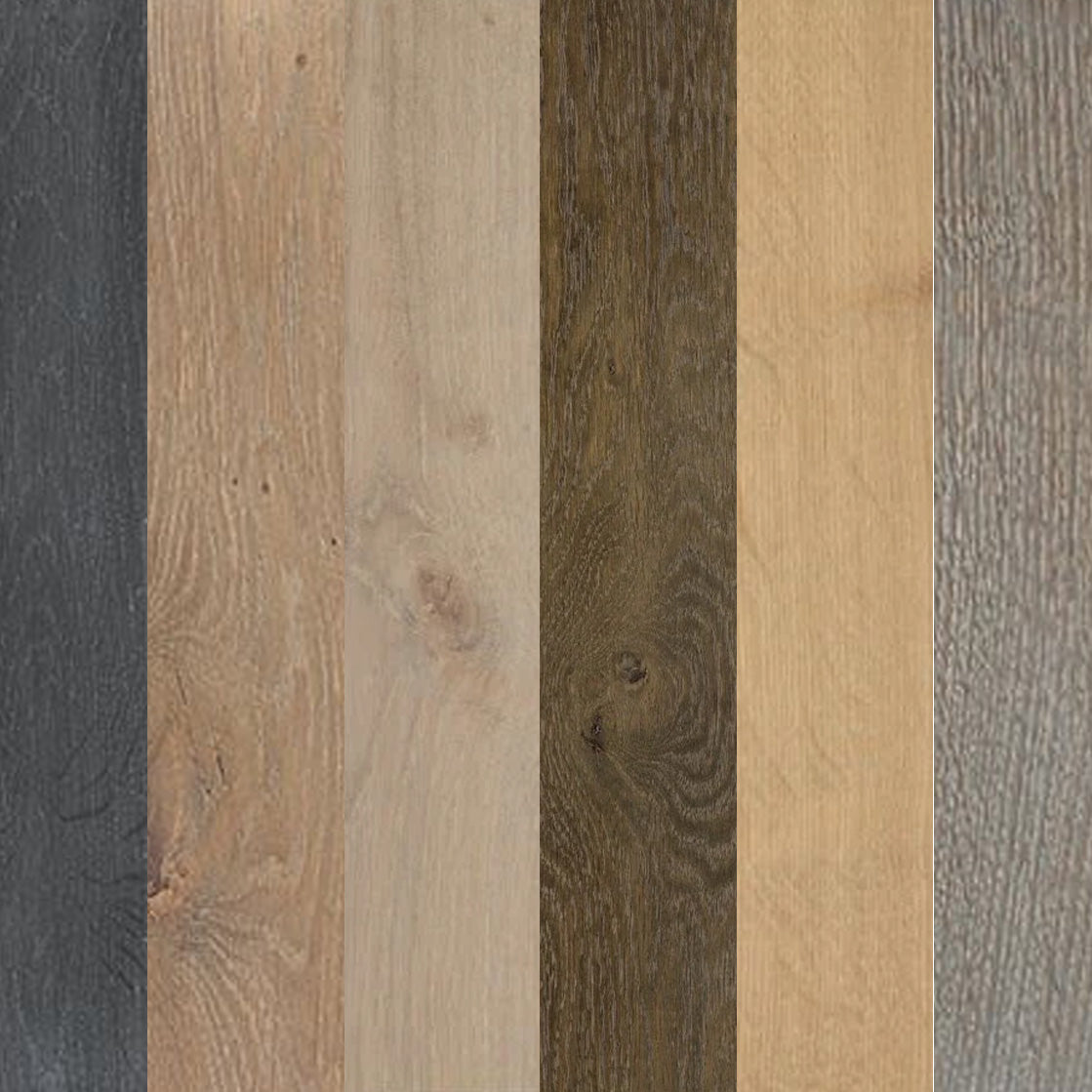 Ciranova Reactive Stain applied to wood flooring samples in various colors arranged in a row.