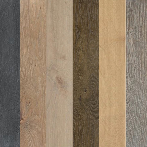 Ciranova Reactive Stain applied to wood flooring samples in various colors arranged in a row.