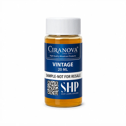 A 20 mL sample bottle of Ciranova Vintage woodcare product with a white cap and a blue-and-white label, shown on a clean white background.