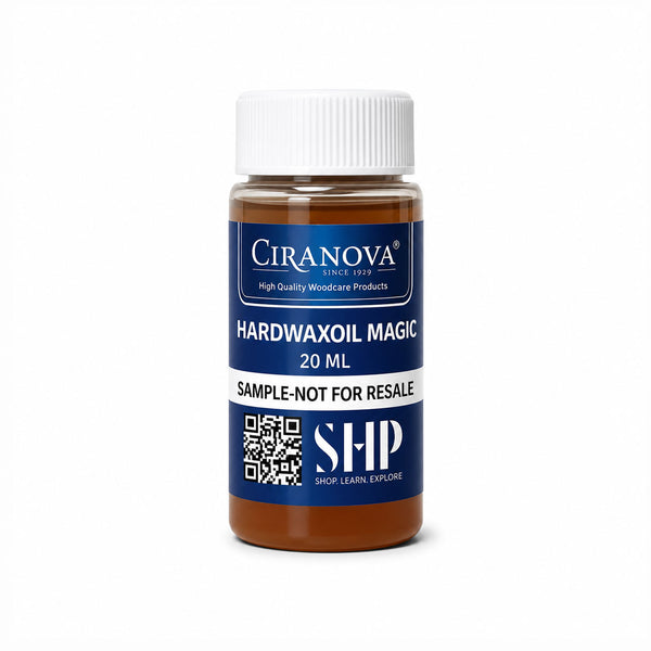 A 20 mL sample bottle of Ciranova Hardwaxoil Magic woodcare product, featuring a white ribbed cap and a navy blue label with white text, set against a plain white background.