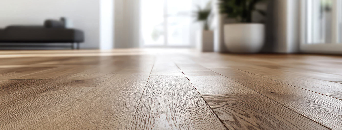 Close-up of a wooden floor with a blurred background