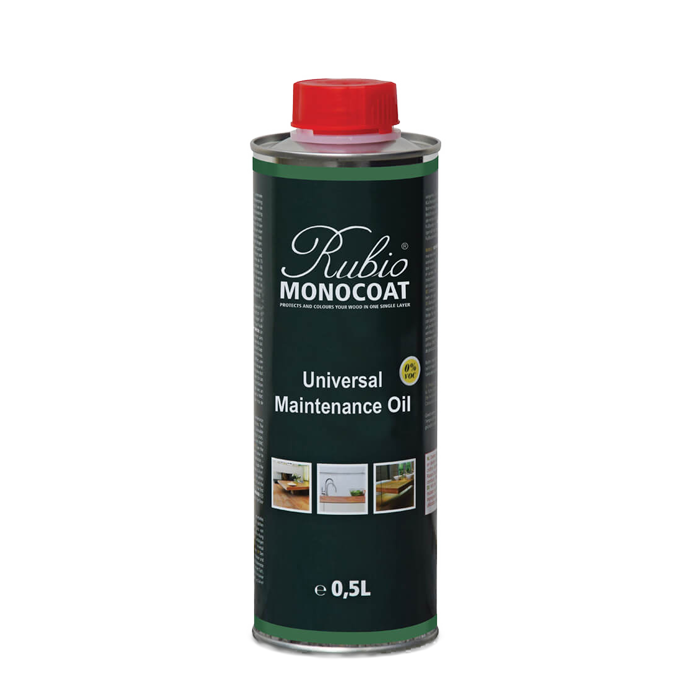 A 0.5L can of Rubio Monocoat Universal Maintenance Oil with a red cap and a dark green label, shown on a plain white background.