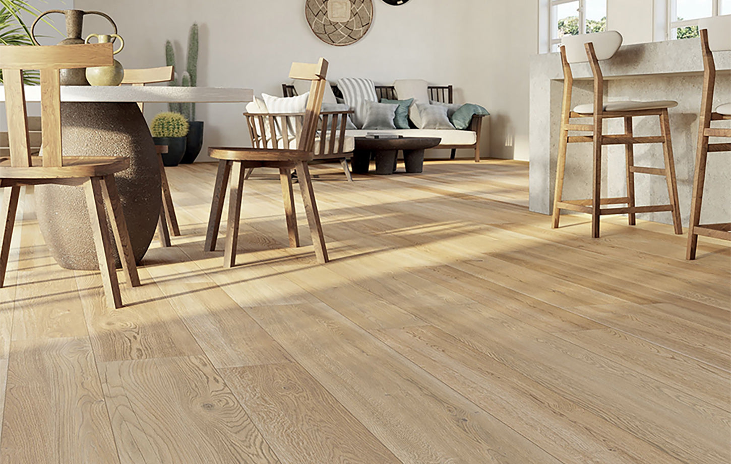 Photo of casual living room with natural high quality wood floor finishing products.